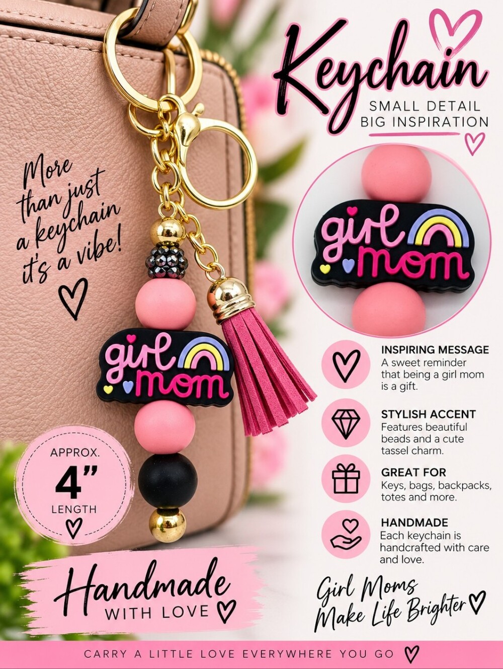 A67. Girl Mom keychain Pink & Black NWT